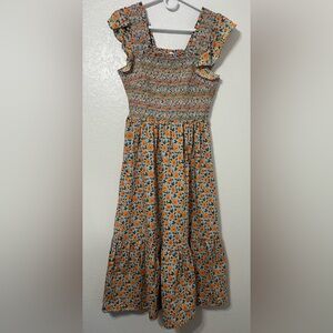 English Factory XS Blue Orange Floral Smocked Flutter Sleeve Tiered Midi Dress